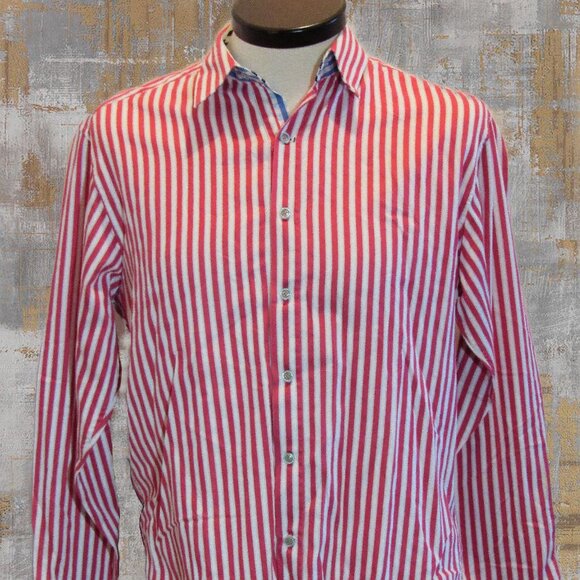 Robert Graham X Red White Stripes Contrasting Cuffs Collar Men's Shirt Sz L Read - Picture 1 of 15